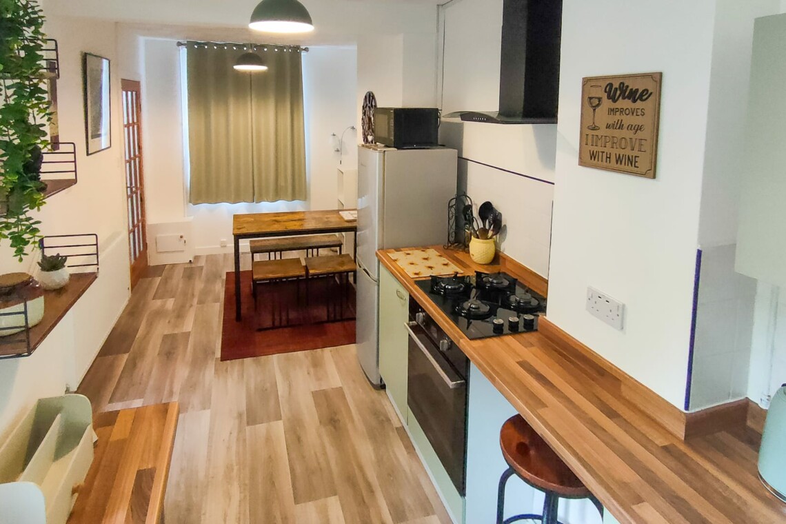 Fridge microwave kettle well equipped kitchen