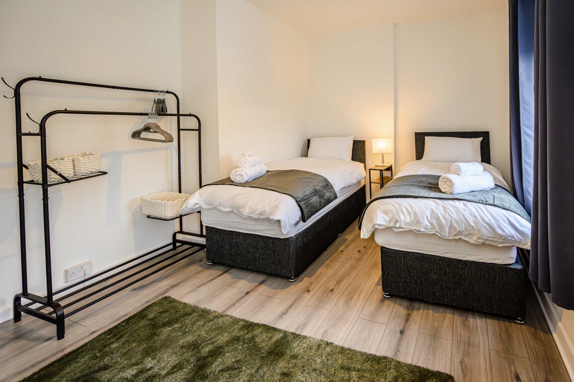 Twin single beds, bedside table have USB charging sockets