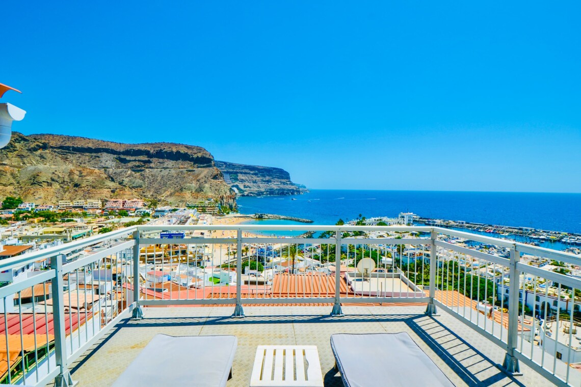 There is an enormous roof terrace with incredible views looking out over Playa de Mogan and the marina