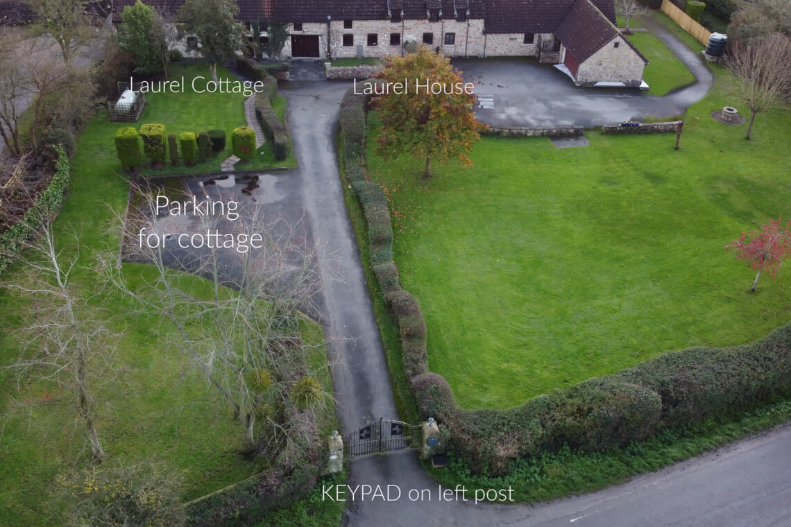 Aerial view showing entrance, parking and Laurel Cottage & Laurel House
