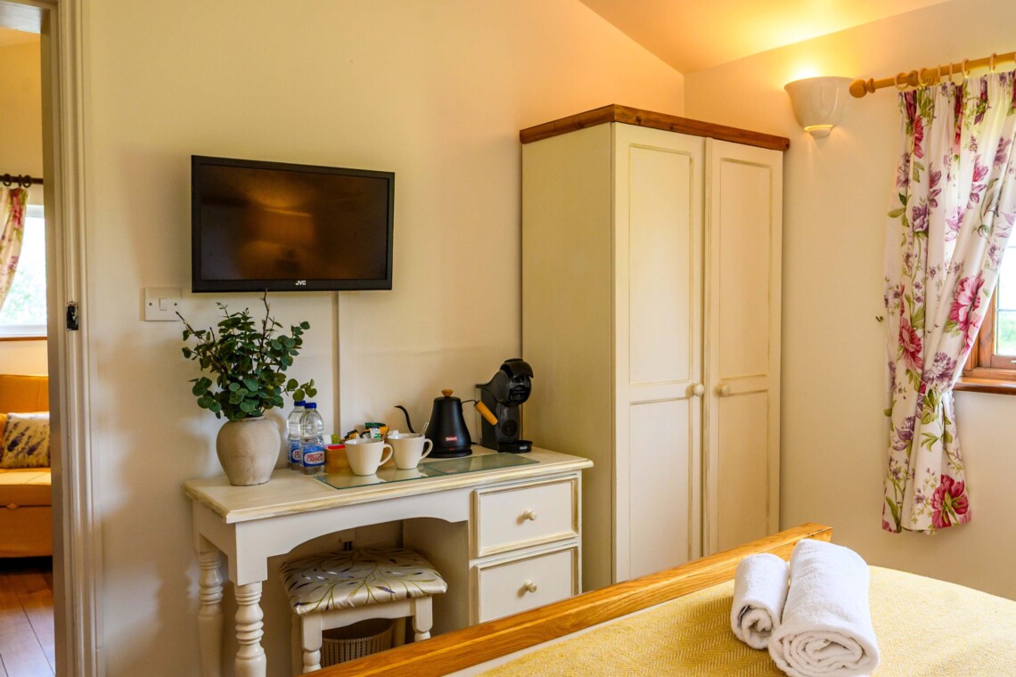 Tea/coffee facilities.  Wardrobe storage space