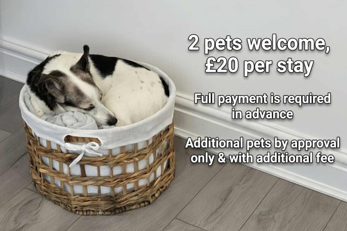 Up to 2 pets are welcome for a fee of £20 per stay.
Additional pets are permitted by approval only and will incur an additional fee.

Full payment is required in advance to secure your booking.